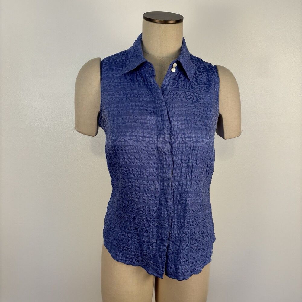 VTG Talbots Womens 6 Pure Silk Blue Printed Sleeveless Button Up Shirt Top Flaw - Picture 1 of 9